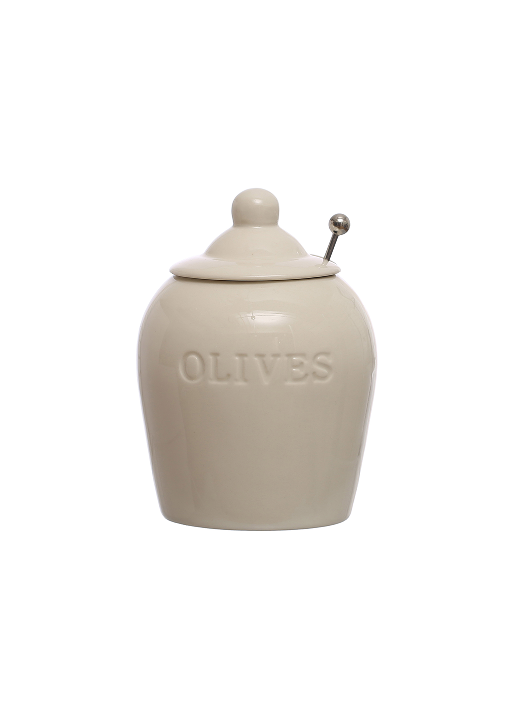 "Olives" Jar w Metal Spoon