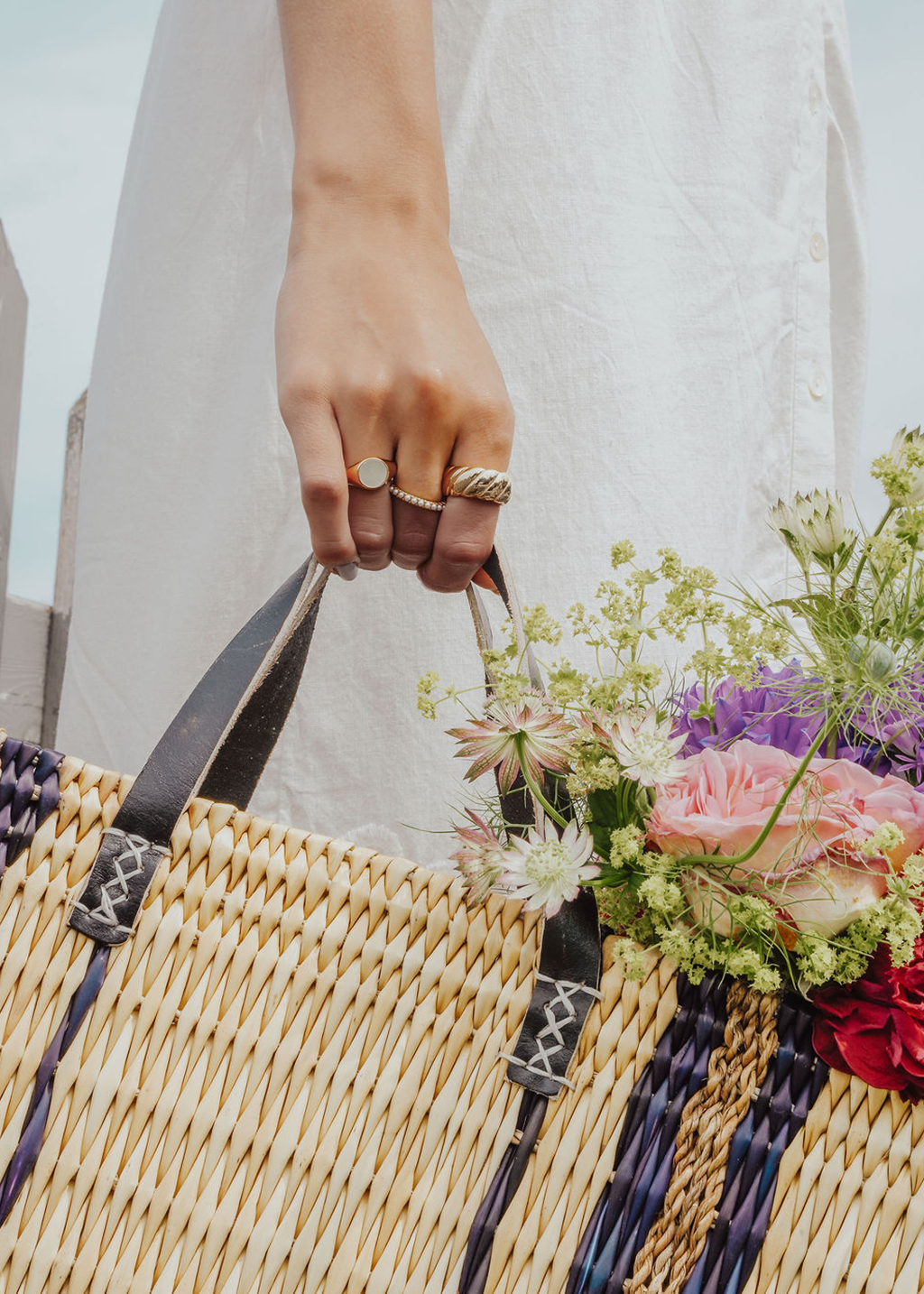 Striped Straw Market Basket