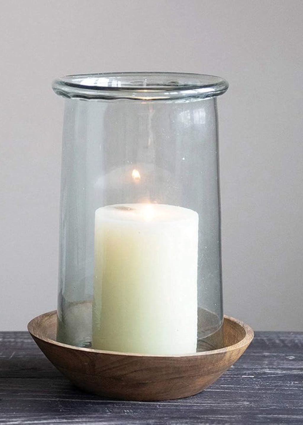 9" x 13" Glass & Mango Wood Hurricane Candle Holder