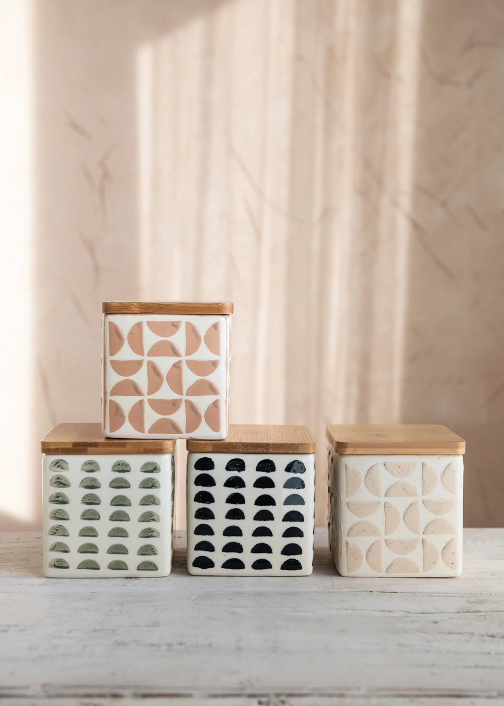 Creative Co-Op | Square Stoneware Canister + Bamboo Lid | Stamped Blue