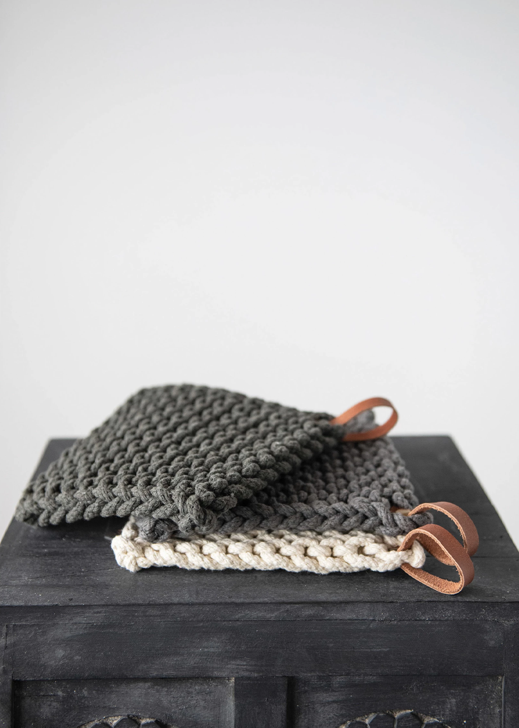SQ Crocheted Pot Holder w Leather Loop