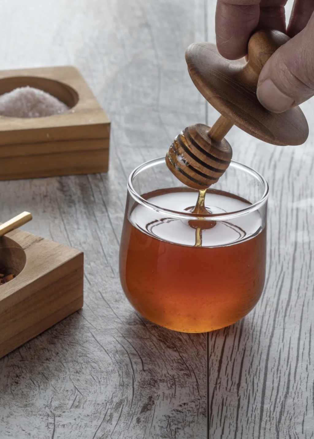 Mini Teak and Glass Honey Jar