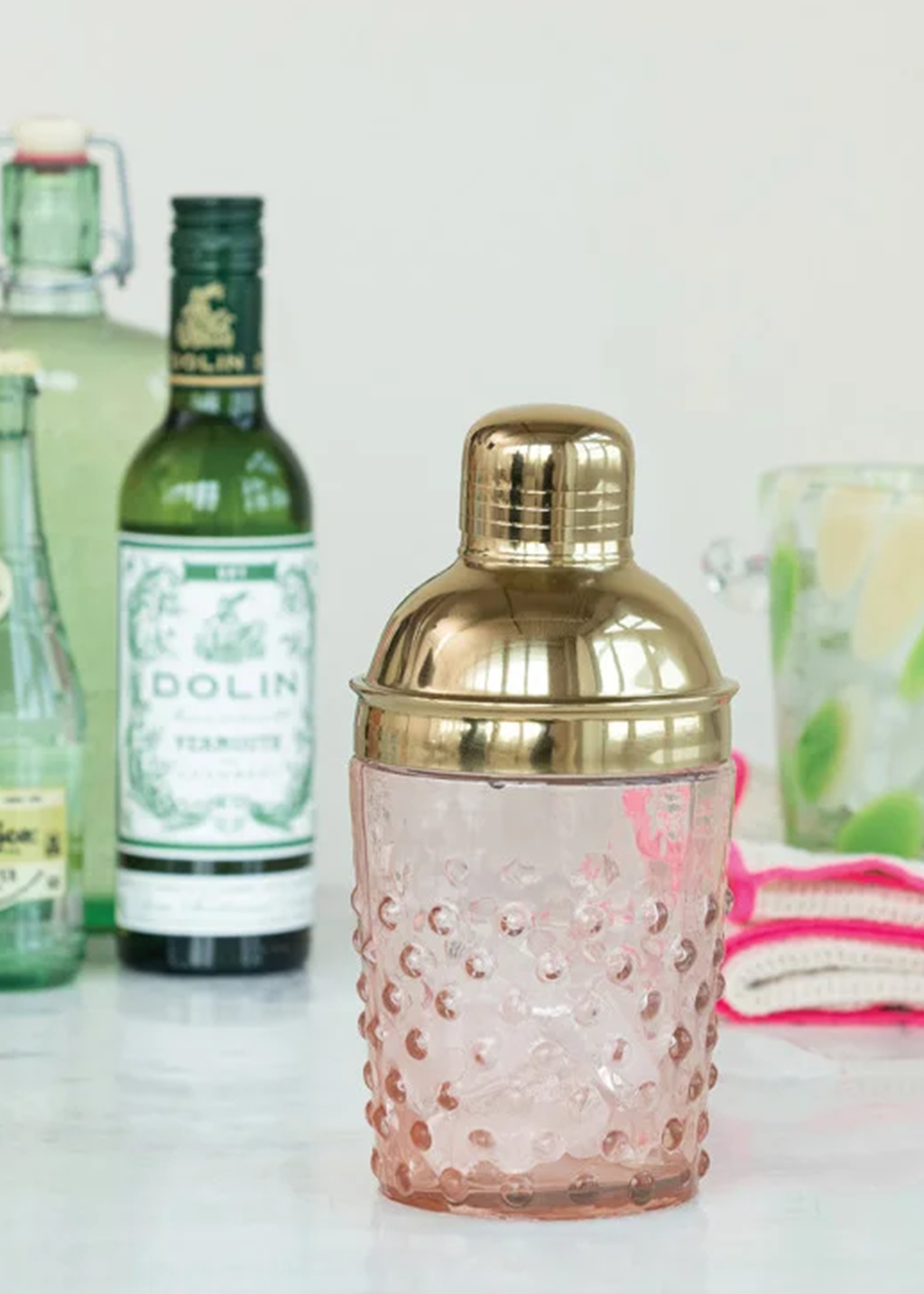 Pink Hobnail Glass & Stainless Cocktail Shaker