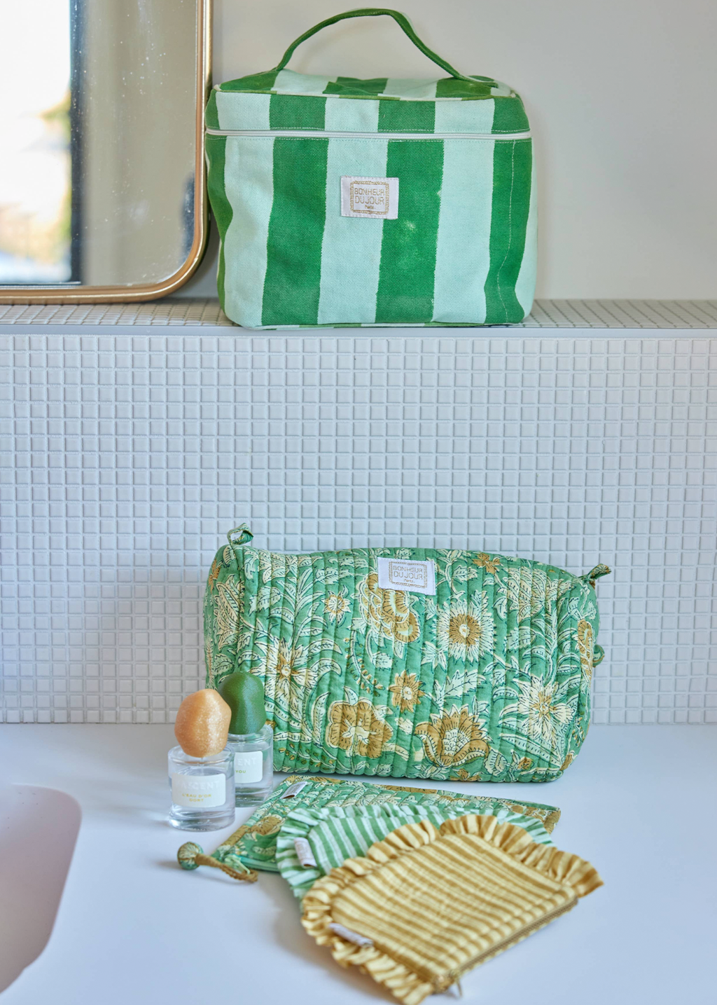 Bonheur Du Jour | Small Ruffle Pouch -Green Stripes