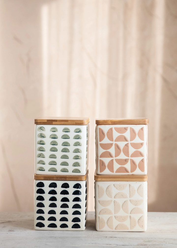 Creative Co-Op | Square Stoneware Canister + Bamboo Lid | Stamped Blue